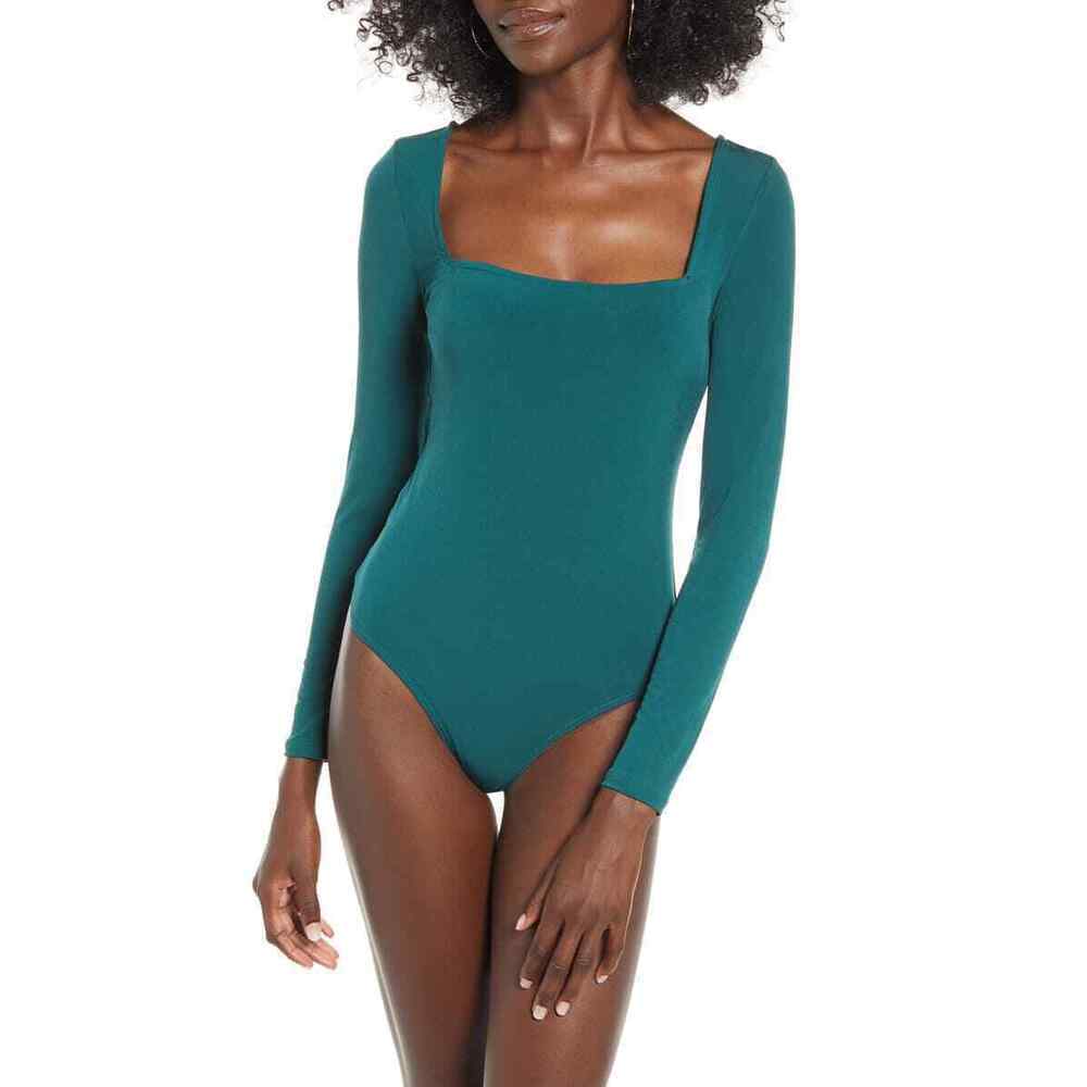 Leith Women's Square Neck Long Sleeve Bodysuit In Green Size M